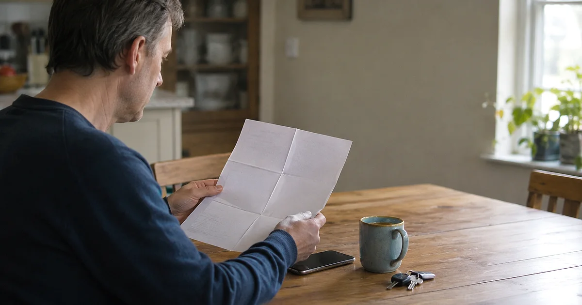 Driver reading a council rejection letter at a kitchen table after a pothole damage claim is refused.