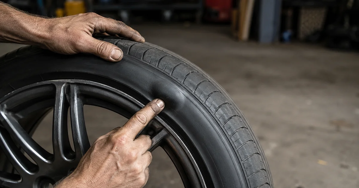 Mechanic pointing to a tyre sidewall bulge on a car wheel, showing hidden pothole impact damage drivers can miss.