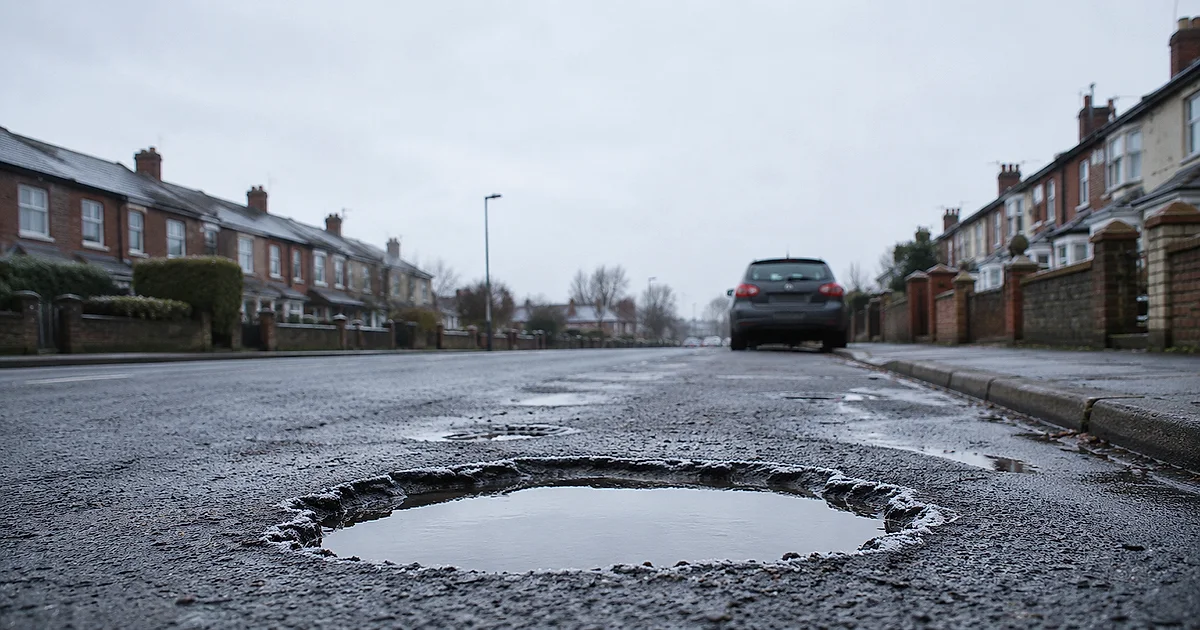 Rain-filled pothole on a residential UK road in winter, showing the kind of road defect that can cause vehicle damage.