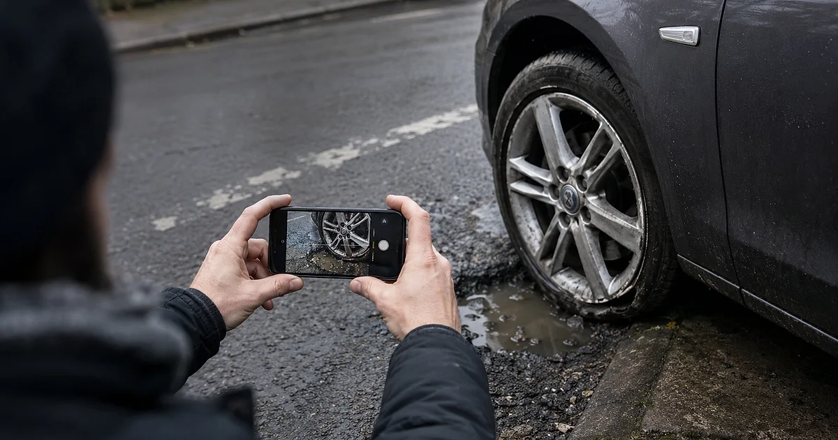 Driver photographing pothole damage beside a car wheel, showing evidence collection for a UK pothole damage claim.