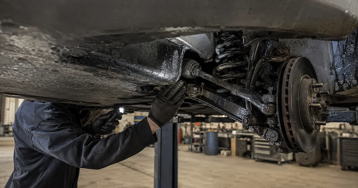 Mechanic inspecting a car suspension and underside on a ramp, showing hidden pothole damage that can appear weeks after impact.