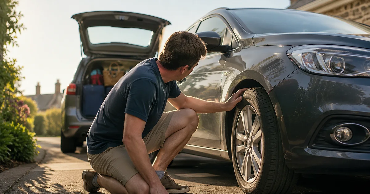 Driver checking a front tyre before a summer road trip with luggage loaded in the boot.